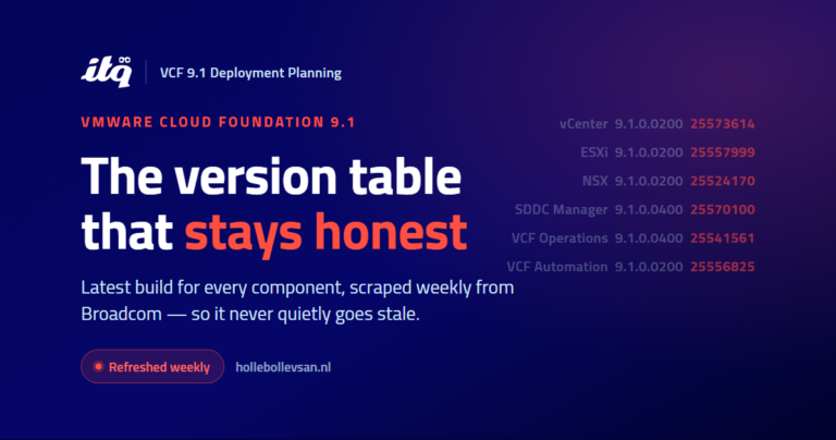 ITQ-branded card: VCF 9.1 version overview, refreshed weekly from Broadcom
